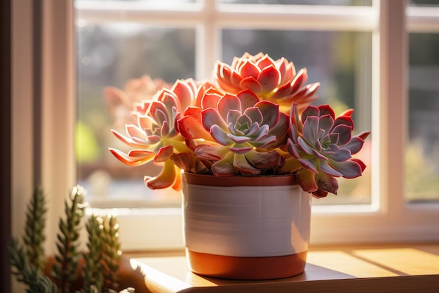 Foto saftige echeveria in einem topf am fenster an einem sonnigen tag