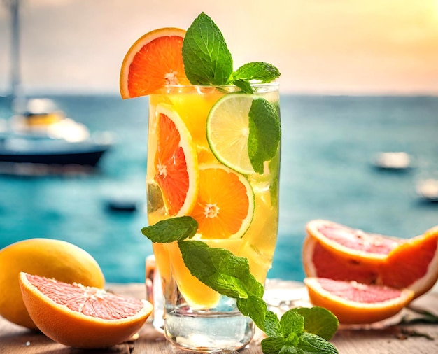 saftige Früchte Limette Orange Grapefruit Meerblickgläser mit frischem Saft