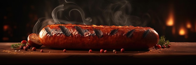 Saftige Grillwurst auf dunklem Hintergrund, rauchiger Geschmack und köstliches Aroma, perfekt für jedes von AI erstellte BBQ-Poster