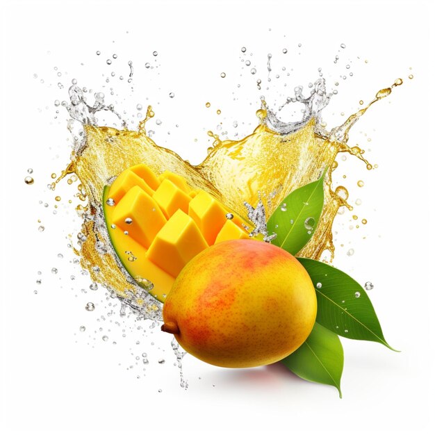 Saftige Mango, die mit Mango-Saft auf einem weißen Hintergrund spritzt