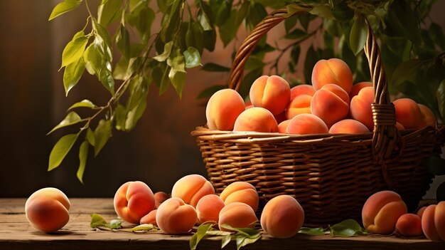 saftige Pfirsiche und Aprikosen bilden eine verlockende Ausstellung in einem alten Korb