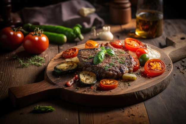 Saftige Portionen gebratenes Steakfilet mit Tomaten Illustration AI GenerativexA