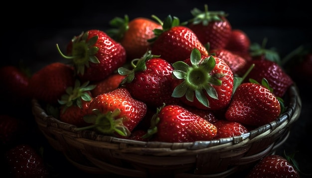 Saftige reife Erdbeeren in einem rustikalen Korb, generiert von KI