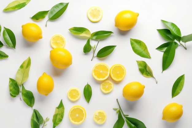 Saftige reife fliegende gelbe Zitronen, grüne Blätter auf hellgrauem Hintergrund, kreatives Food-Konzept tropisch