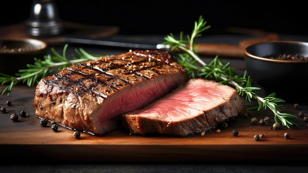 Saftige Rinder-Rib-Eye-Steakscheiben auf Holzbrett mit Kräutern, Gewürzen und Salz