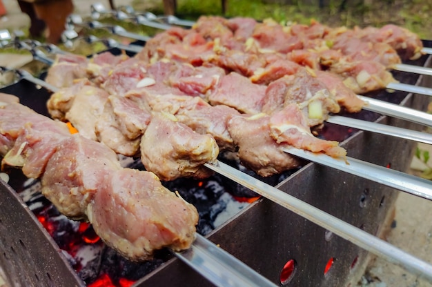 saftige rohe und fertig gebratene Kebabs Fleisch Kalbfleisch Schweinefleisch Rindfleisch in Naturquarantäne