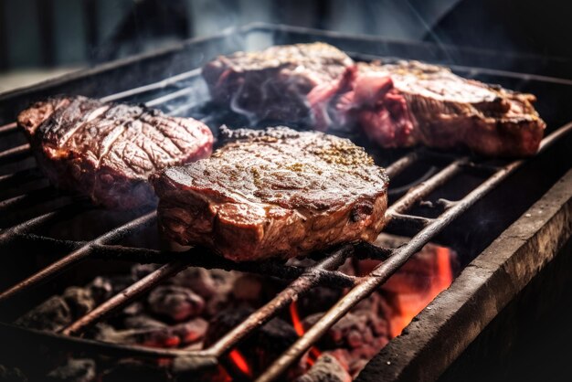 Saftige Schweinerippchen werden auf einem Grill im Freien im Maiferien-Konzept-BBQ zubereitet