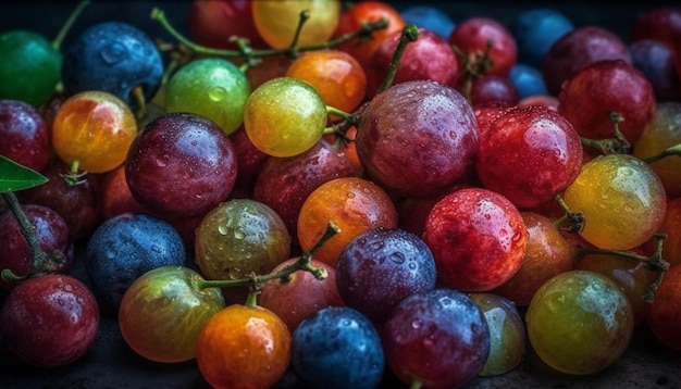 Saftige Trauben und Tomaten auf taufrischen Zweigen, frisch und gesund, erzeugt durch KI