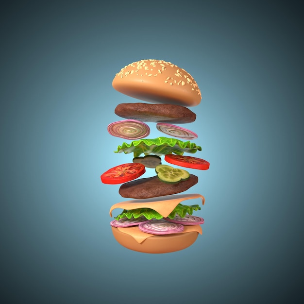 saftiger 3D-Burger mit Rindfleisch, Tomaten, Gurken, Zwiebeln und Salat auf blauem Hintergrund