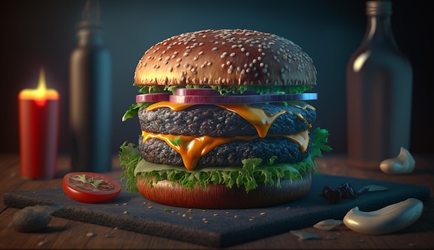 saftiger Burger auf dunklem Hintergrund Generative KI