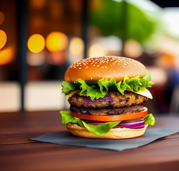 saftiger Burger auf einem Tisch im Fast-Food-Restaurant
