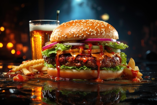 saftiger Cheeseburger mit Salat, Tomaten, Zwiebeln, Rindfleisch und geschmolzenem Käse Amerikanisches Fastfood Generativer KI-Inhalt