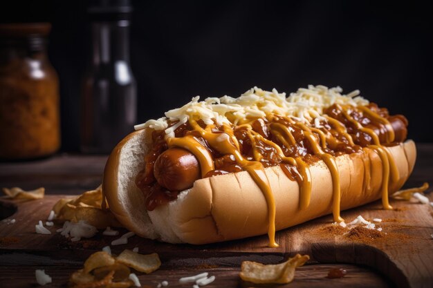 Saftiger Hot Dog mit Käse und Kartoffelchips generativ IA