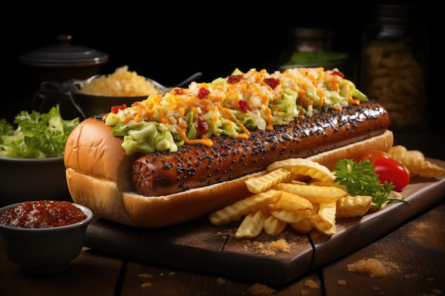 Saftiger Hot Dog, umgeben von appetitlichen Beilagen von Generative IA