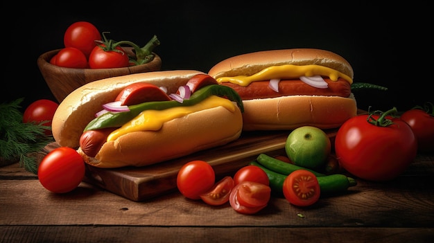 Saftiger Hotdog mit Gewürzen, Toppings, Ketchup, Mayo und frischem Salat, bunt und appetitlich vor dunklem Hintergrund. Ai generiert