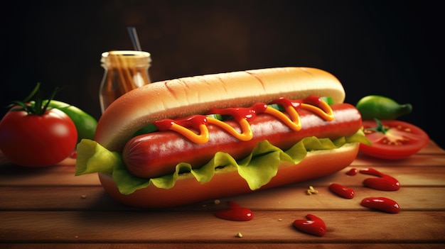 Saftiger Hotdog mit Gewürzen, Toppings, Ketchup, Mayo und frischem Salat, bunt und appetitlich vor dunklem Hintergrund. Ai generiert