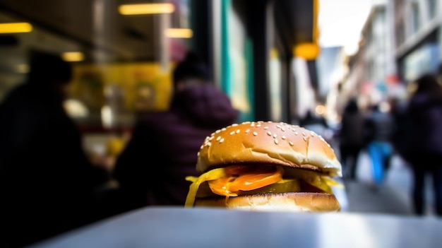 Saftiger, leckerer Hamburger auf dem Tisch. Fast-Food-Bild eines Burgers mit gegrilltem Fleisch. Generierte KI