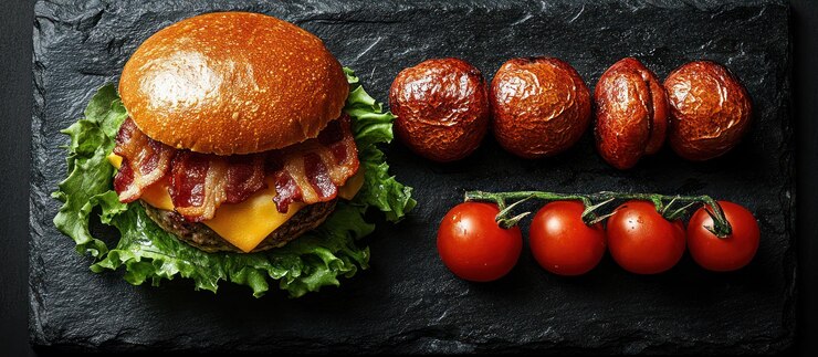 saftiger Speck-Cheeseburger mit Salat, gebratenen Kartoffeln und Kirschtomaten auf einem schwarzen Schiefer
