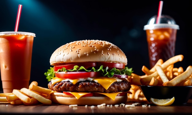 saftiges Burger Rindfleisch gegrilltes Burger Burger Cheeseburger Frites und ein Getränk Copyspace