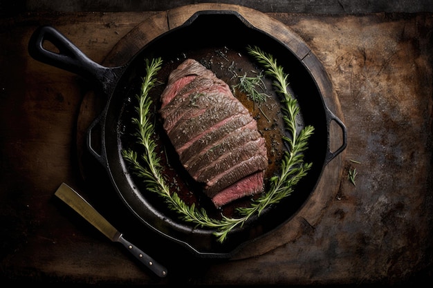 Saftiges Flanksteak auf einer gusseisernen Pfanne, bereit zum Kochen