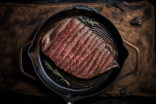 Saftiges Flanksteak auf einer gusseisernen Pfanne, bereit zum Kochen