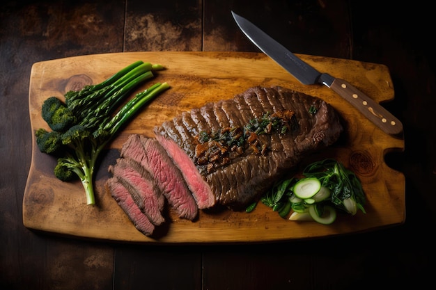 Foto saftiges flanksteak auf holzbrett, bereit zum schneiden und kochen