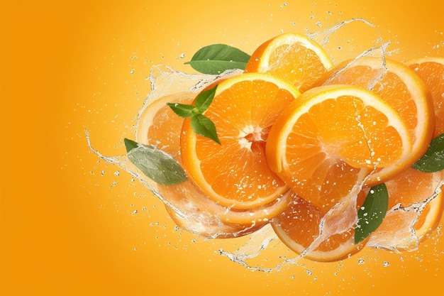 Saftiges Gefühl Frische Orangenstücke, geschmückt mit dynamischen Wasserspritzungen