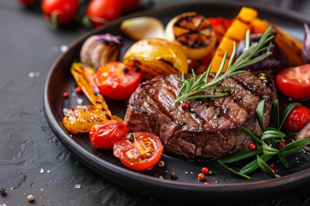 saftiges gegrilltes Filetsteak mit frischen Tomaten und geröstetem Gemüse zum Abendessen