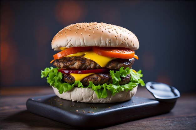 saftiges gegrilltes Rindfleisch mit geschmolzenem Cheddar-Käse, knuspriger Salat und frischen Gurken, erzeugt von KI