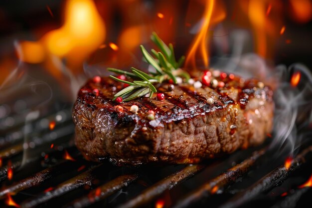 saftiges gegrilltes Steak mit Rosmarin und Gewürzen auf einem flammenden Grill