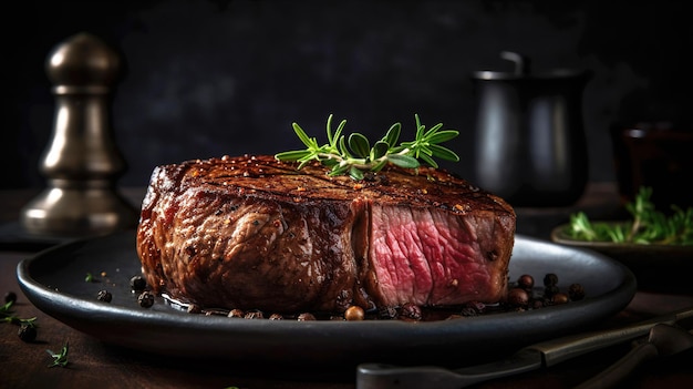 Saftiges Rinder-Rib-Eye-Steak auf dunklem Marmorhintergrund mit Kräutern, Gewürzen und Salz