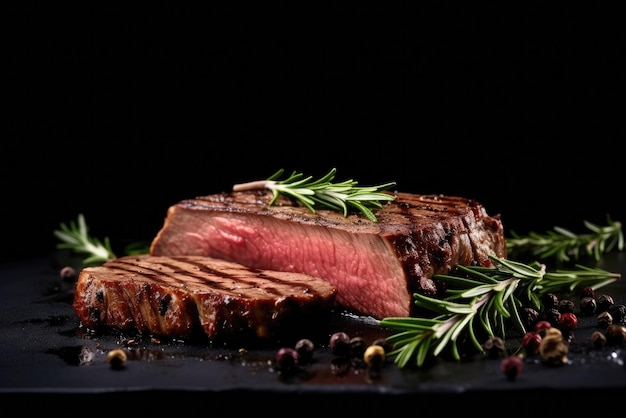 Saftiges Rindersteak mit Rosmarin und Pfeffer auf dunklem Hintergrund