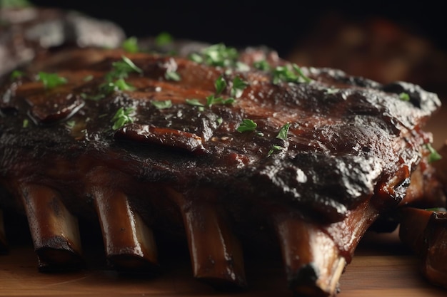 Saftiges Rippchen vom Grill, serviert mit grünen Gewürzen. Sommerliches BBQ-Menü mit leckerem frischem Fleisch auf den Rippenknochen. Generierte KI