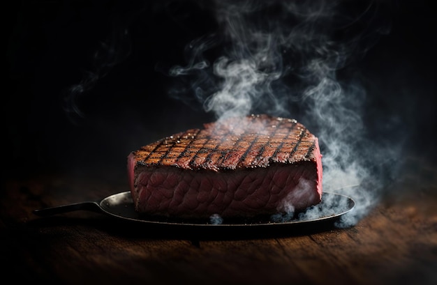 Saftiges Steak auf dem Grill auf dem Brett vor dem Hintergrund von Rauch Generative AI