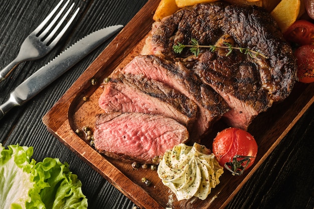 Saftiges Steak mit duftender Butter. Geschnittenes Ribeye-Steak mit Kartoffeln, Zwiebeln und gebackenen Kirschtomaten