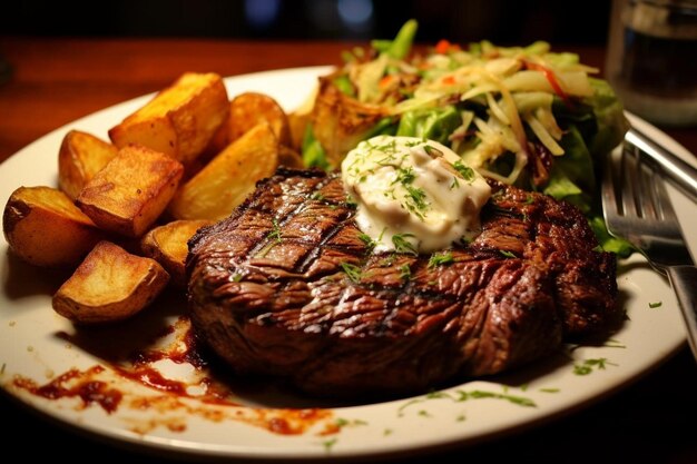 Foto saftiges steak und gebackene kartoffeln