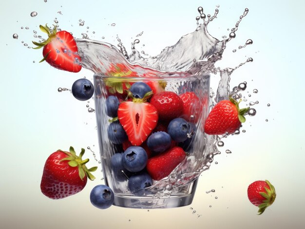 Saftspritzer und geschnittene Früchte fallen in ein Glas. Generative KI
