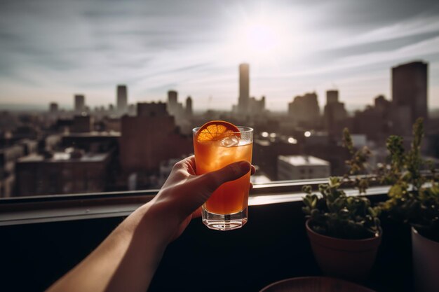 Foto safttrinken in einer bar auf dem dach mit blick auf die skyline der stadt generative ki