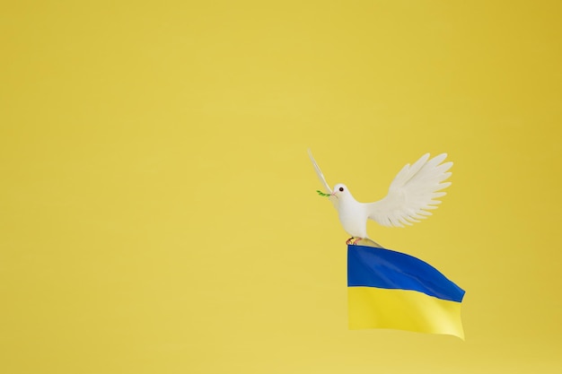 Foto sag nein zum krieg die taube des friedens, die die flagge der ukraine auf gelbem hintergrund trägt, kopieren und einfügen