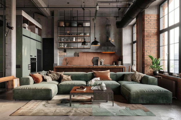 Sage Green Design Industriestil Loft Interieur und modernes Wohnzimmer