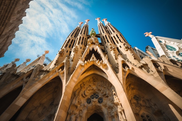 La sagrada familia es un edificio con una gran entrada frontal.