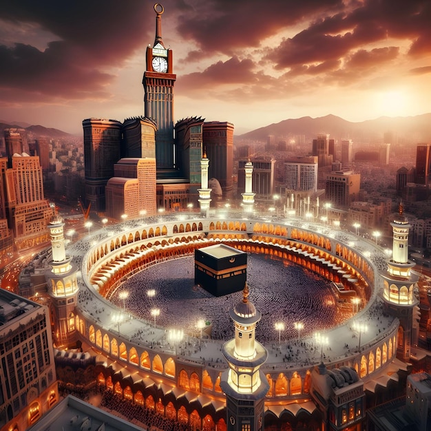 La Sagrada Kaaba y la Torre del Reloj en La Meca
