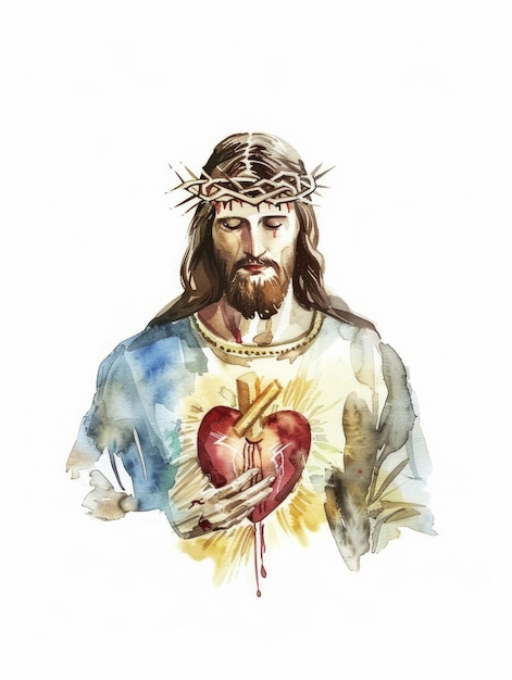 El Sagrado Corazón de Jesús Ilustración en acuarela IA generativa