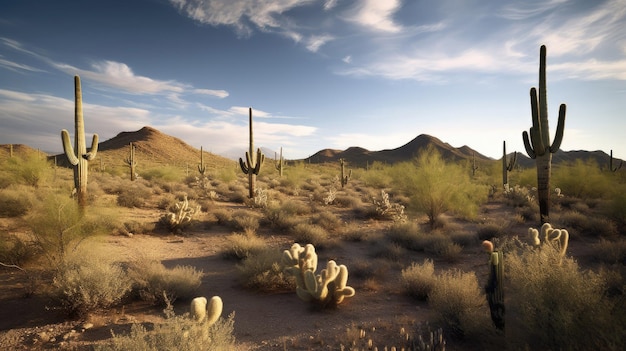 Saguaro Cactus na desolada terra quente e seca do deserto com Generative AI Technology
