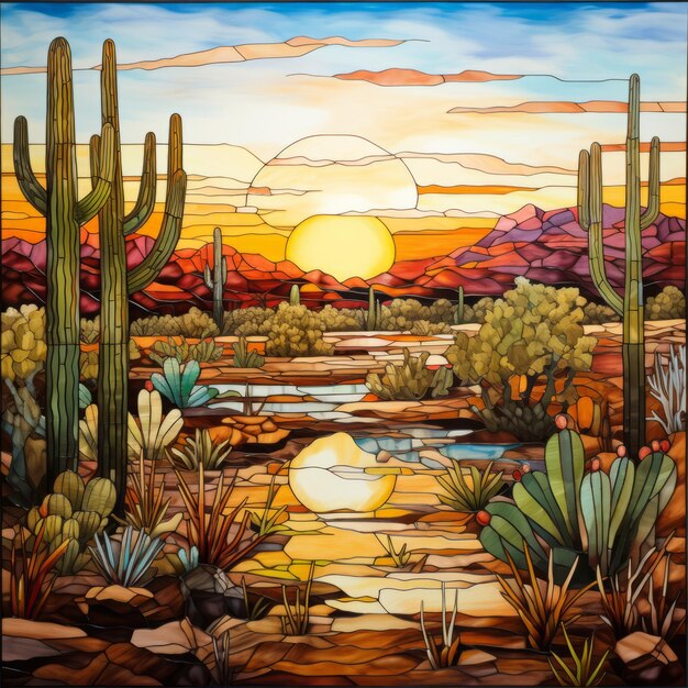 Saguaro Cactus Paisagem Painel de vidro colorido Estilo Patrick Brown