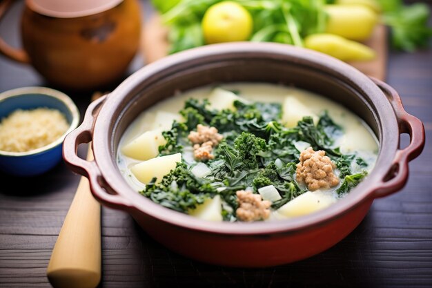 Sahnehaltige Zuppa toscana Holzlöffel Kräuterzweige