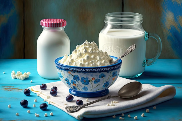 Sahnejoghurt-Hüttenkäse in blauer Schüssel und Milchprodukt auf dem Tisch