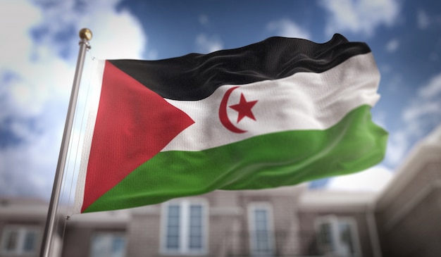 Sahrawi Flagge 3D Rendering auf blauem Himmel Gebäude Hintergrund