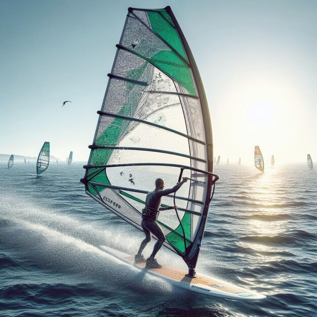 Foto sail away serena aventura de windsurf em águas iluminadas pelo sol