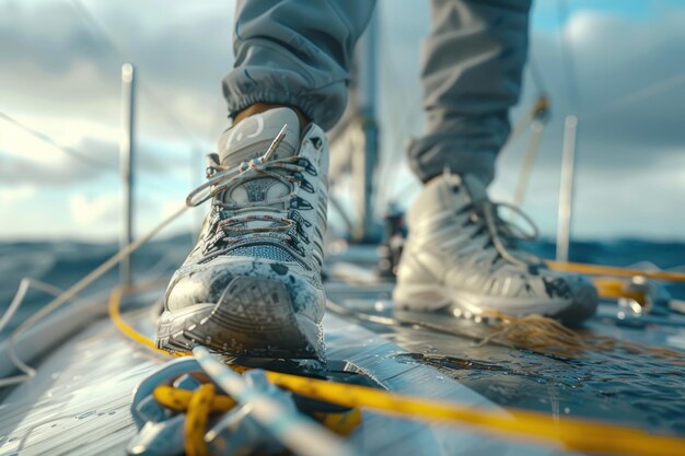 Sailor39s wasserdichte Stiefel auf dem Yachtdeck CloseUp Eine detaillierte Aufnahme eines sailor39s robusten wasserdichten Boots